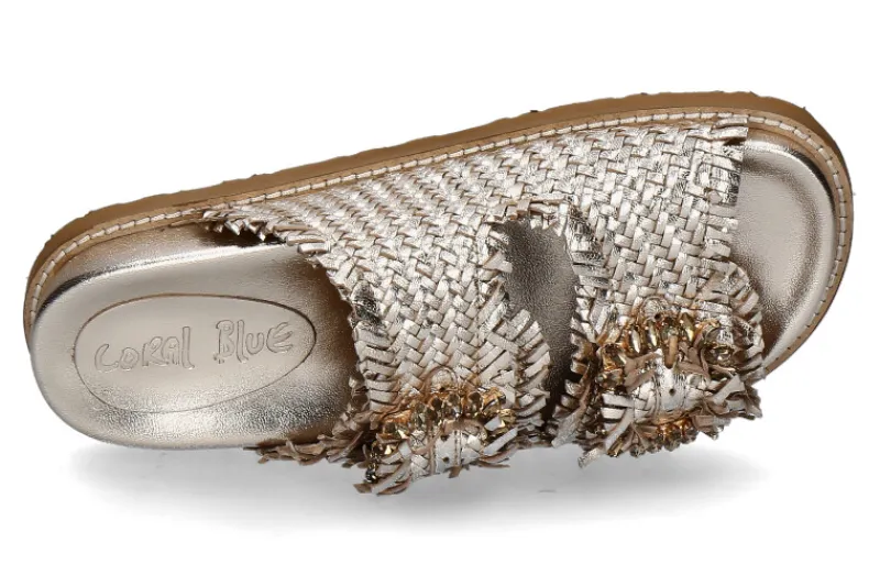 Damen Coral Blue Pantolette leather jewel buckle gold