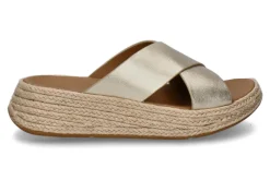 Damen Fitflop Pantolette F-MODE ESPADRILLE LEATHER FLATFORM CROSS SLIDES- platino/gold