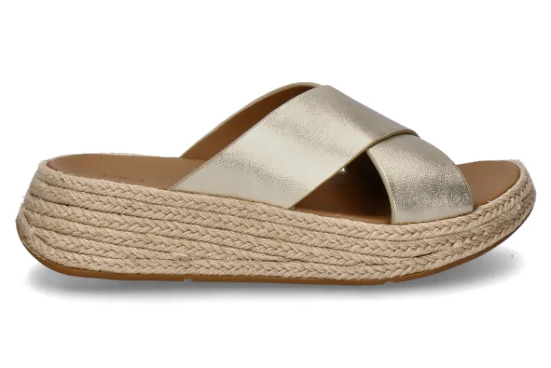 Damen Fitflop Pantolette F-MODE ESPADRILLE LEATHER FLATFORM CROSS SLIDES- platino/gold