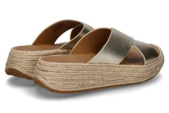 Damen Fitflop Pantolette F-MODE ESPADRILLE LEATHER FLATFORM CROSS SLIDES- platino/gold