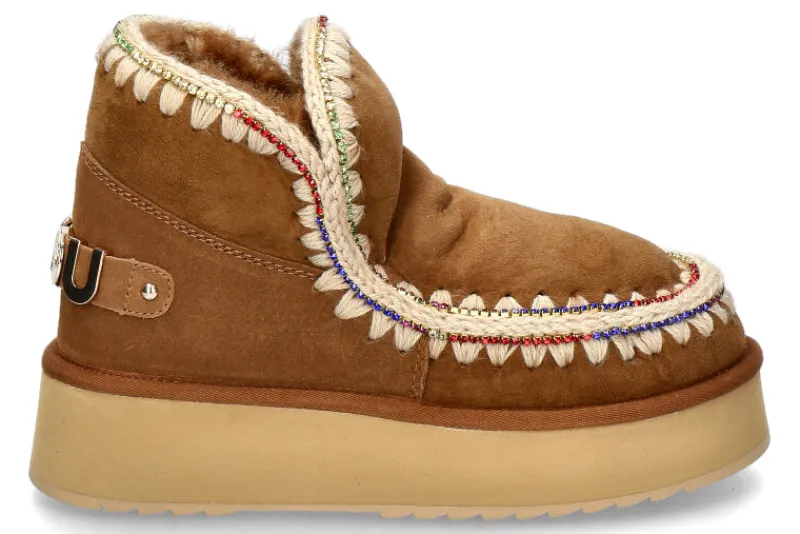 Damen mou Boots gefüttert ESKIMO 18 PLATFORM RHINESTONES- cognac